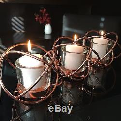 Set Of 3 Contemporary Copper & Glass Tea light Candles Holder Metal Stand New