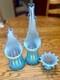 Set Of 3 Vtg Fostoria Glass Heirloom Blue Opalescent Candle Holders Swung Rib
