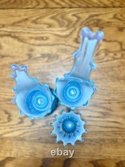 Set Of 3 Vtg Fostoria Glass Heirloom Blue Opalescent Candle Holders Swung Rib
