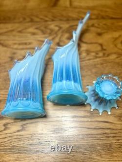 Set Of 3 Vtg Fostoria Glass Heirloom Blue Opalescent Candle Holders Swung Rib