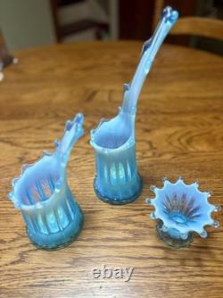 Set Of 3 Vtg Fostoria Glass Heirloom Blue Opalescent Candle Holders Swung Rib