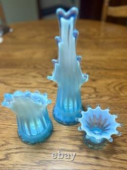 Set Of 3 Vtg Fostoria Glass Heirloom Blue Opalescent Candle Holders Swung Rib