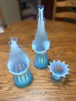 Set Of 3 Vtg Fostoria Glass Heirloom Blue Opalescent Candle Holders Swung Rib