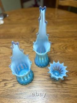 Set Of 3 Vtg Fostoria Glass Heirloom Blue Opalescent Candle Holders Swung Rib