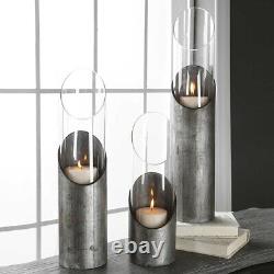 Set Of Three Karter Candle Holders Industrial Aged Iron & Glass Uttermost 17518
