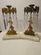 Set Of 2 Antique Girandole Brass Candle Holders With Marble Base, Crystal Prisms