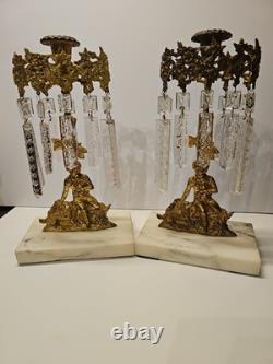 Set of 2 Antique Girandole Brass Candle holders with Marble base, crystal prisms