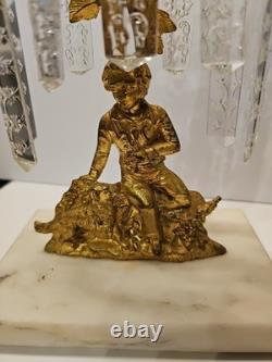 Set of 2 Antique Girandole Brass Candle holders with Marble base, crystal prisms