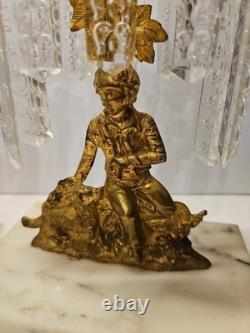 Set of 2 Antique Girandole Brass Candle holders with Marble base, crystal prisms