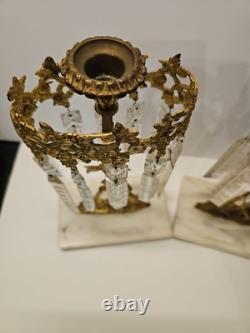 Set of 2 Antique Girandole Brass Candle holders with Marble base, crystal prisms