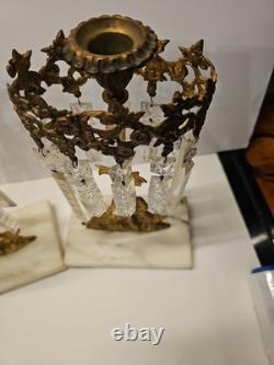 Set of 2 Antique Girandole Brass Candle holders with Marble base, crystal prisms