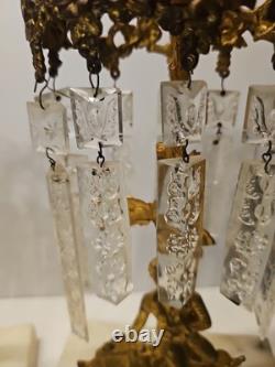 Set of 2 Antique Girandole Brass Candle holders with Marble base, crystal prisms