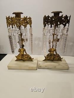 Set of 2 Antique Girandole Brass Candle holders with Marble base, crystal prisms