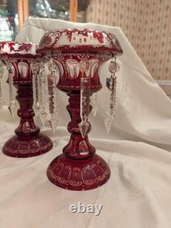 Set of 2 Bohemian Ruby Red Cut Glass Mantle Lusters 11