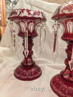 Set of 2 Bohemian Ruby Red Cut Glass Mantle Lusters 11