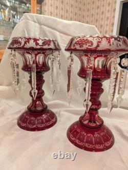 Set of 2 Bohemian Ruby Red Cut Glass Mantle Lusters 11