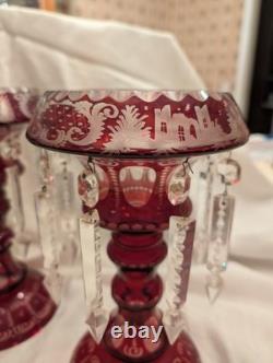 Set of 2 Bohemian Ruby Red Cut Glass Mantle Lusters 11