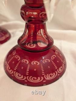 Set of 2 Bohemian Ruby Red Cut Glass Mantle Lusters 11