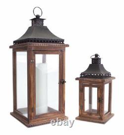 Set of 2 Cape Cod Wooden and Glass Pillar Candle Holder Lanterns 23.5