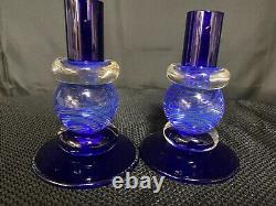 Set of 2 Chatham Glass COBALT Candlestick Holders Signed / Dated 1999