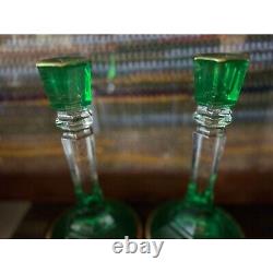 Set of 2 Empoli Emerald and Clear Glass Candle Holders Circa 1950 8.5 Tall