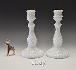 Set of 2 Fenton Milk Glass Hobnail Candlesticks Candle Holders 9 Label Vintage