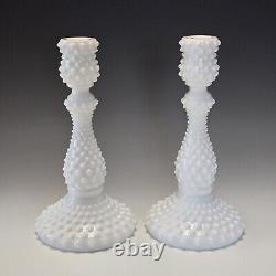 Set of 2 Fenton Milk Glass Hobnail Candlesticks Candle Holders 9 Label Vintage