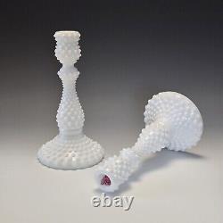 Set of 2 Fenton Milk Glass Hobnail Candlesticks Candle Holders 9 Label Vintage