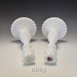 Set of 2 Fenton Milk Glass Hobnail Candlesticks Candle Holders 9 Label Vintage