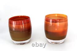 Set of 2 Glassybaby Handblown Art Glass Candle Holders Striped Jane's Caramel