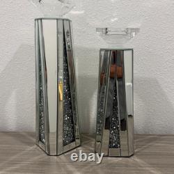 Set of 2 Modern Silver Hexagonal Mirrored Glass Candle Holders for Pillar