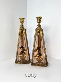 Set of 2 Ormolu Beveled Glass Pyramid Candlestick Holder with Gold Roses