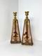 Set Of 2 Ormolu Beveled Glass Pyramid Candlestick Holder With Gold Roses