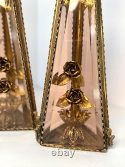 Set of 2 Ormolu Beveled Glass Pyramid Candlestick Holder with Gold Roses
