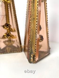 Set of 2 Ormolu Beveled Glass Pyramid Candlestick Holder with Gold Roses