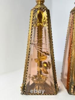 Set of 2 Ormolu Beveled Glass Pyramid Candlestick Holder with Gold Roses