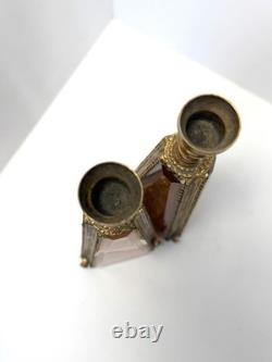 Set of 2 Ormolu Beveled Glass Pyramid Candlestick Holder with Gold Roses