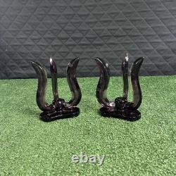 Set of 2 RARE MCM Viking Glass Epic Candle Holders Amethyst Plum Candlesticks
