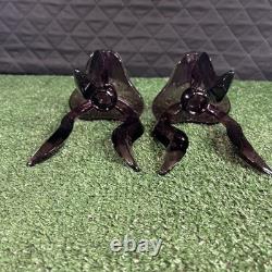 Set of 2 RARE MCM Viking Glass Epic Candle Holders Amethyst Plum Candlesticks