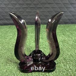 Set of 2 RARE MCM Viking Glass Epic Candle Holders Amethyst Plum Candlesticks