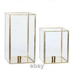 Set of 2 Square Brass Glass Hurricane Candle Holder Danish Design by Hubsch