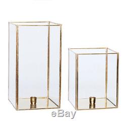 Set of 2 Square Brass & Glass Hurricane Candle Holder Danish Design by Hubsch