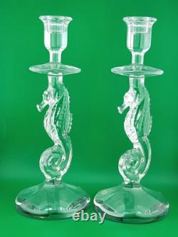 Set of 2 Waterford Crystal Seahorse Candlesticks Pair Candle Holder 11.5 Signed
