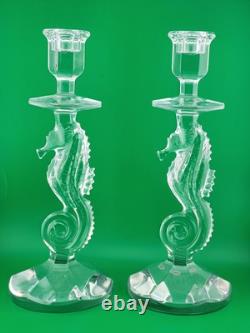 Set of 2 Waterford Crystal Seahorse Candlesticks Pair Candle Holder 11.5 Signed