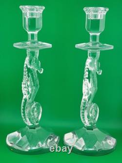 Set of 2 Waterford Crystal Seahorse Candlesticks Pair Candle Holder 11.5 Signed