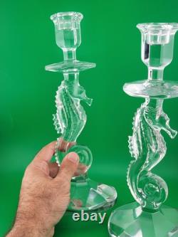 Set of 2 Waterford Crystal Seahorse Candlesticks Pair Candle Holder 11.5 Signed