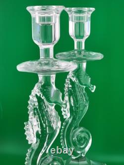 Set of 2 Waterford Crystal Seahorse Candlesticks Pair Candle Holder 11.5 Signed