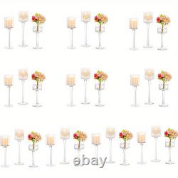 Set of 3 Glass Tall Tea Light Candle Holders, Elegant Clear Long Stem Pillar Can