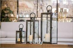 Set of 3 Glass wind lamp Stainless Steel Floor Lantern Candle Holder Black CX502