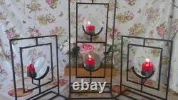 Set of 3 Iron & Glass Votive Candle Holders Black Metal Magnified Panels